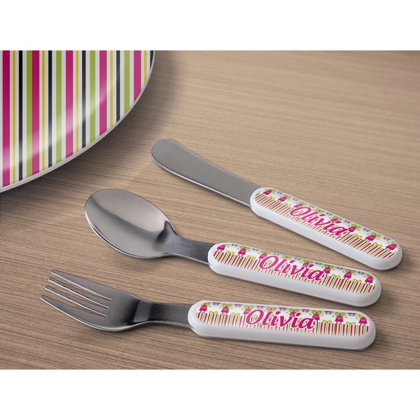 Pink Monsters & Stripes Kids Flatware w/ Plate