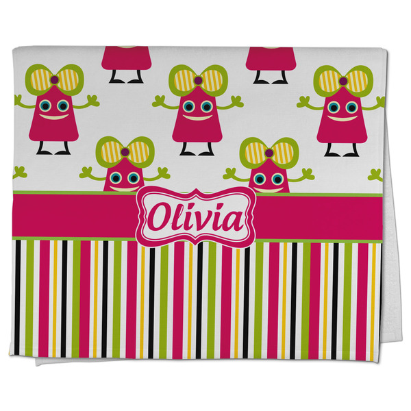 Custom Pink Monsters & Stripes Kitchen Towel - Poly Cotton w/ Name or Text