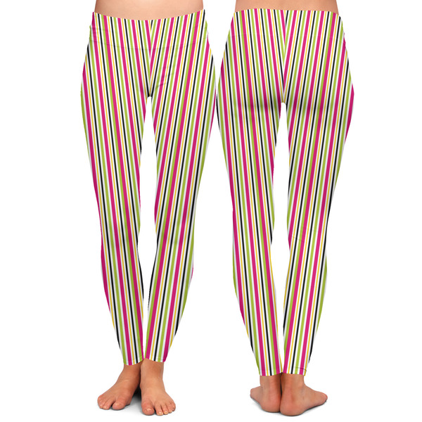 Pink Monsters & Stripes Ladies Leggings - Front and Back