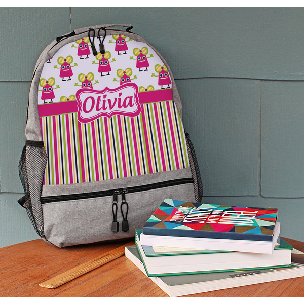 Pink Monsters & Stripes Large Backpack - Gray - On Desk