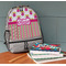 Pink Monsters & Stripes Large Backpack - Gray - On Desk