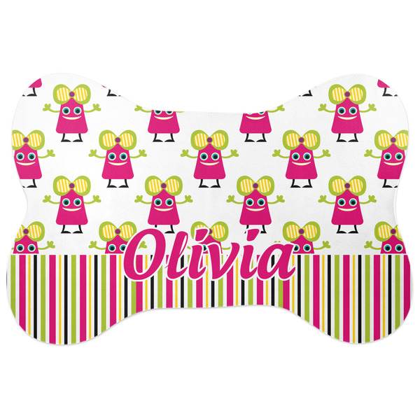 Custom Pink Monsters & Stripes Bone Shaped Dog Food Mat (Personalized)