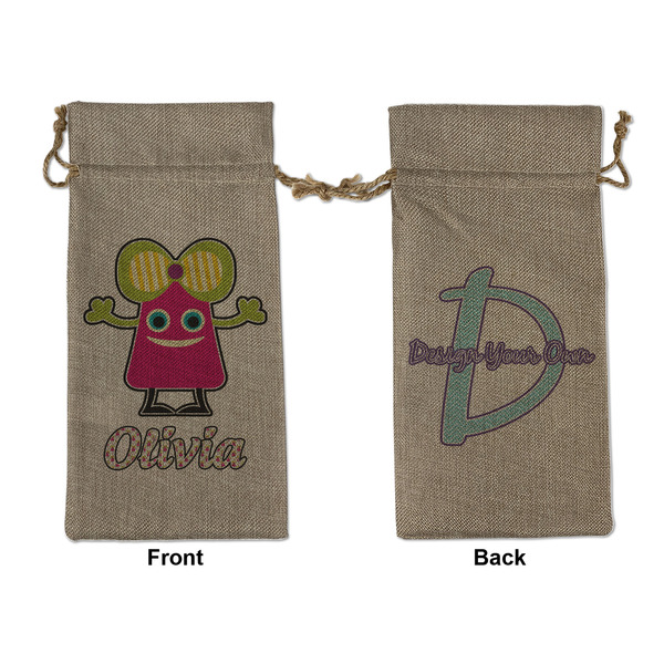 Custom Pink Monsters & Stripes Large Burlap Gift Bag - Front & Back (Personalized)