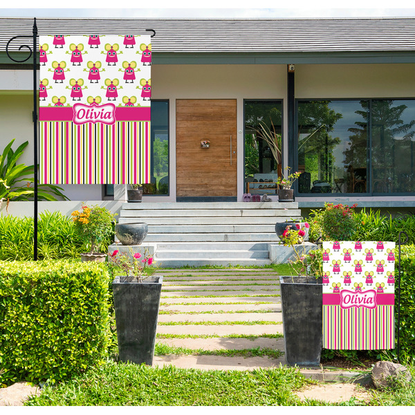 Custom Pink Monsters & Stripes Large Garden Flag - Single Sided (Personalized)