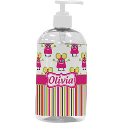 Pink Monsters & Stripes Plastic Soap / Lotion Dispenser (16 oz - Large - White) (Personalized)