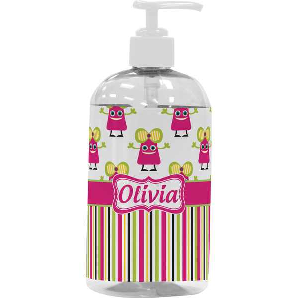 Custom Pink Monsters & Stripes Plastic Soap / Lotion Dispenser (16 oz - Large - White) (Personalized)