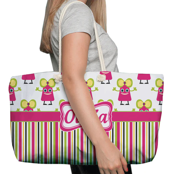 Pink Monsters & Stripes Large Rope Tote Bag - In Context View