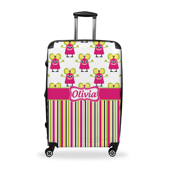 Custom Pink Monsters & Stripes Suitcase - 28" Large - Checked w/ Name or Text