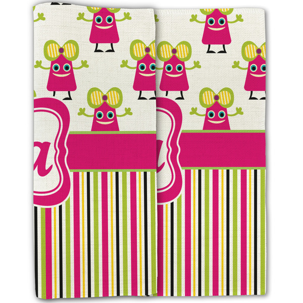 Pink Monsters & Stripes Linen Placemat - Folded Half (double sided)