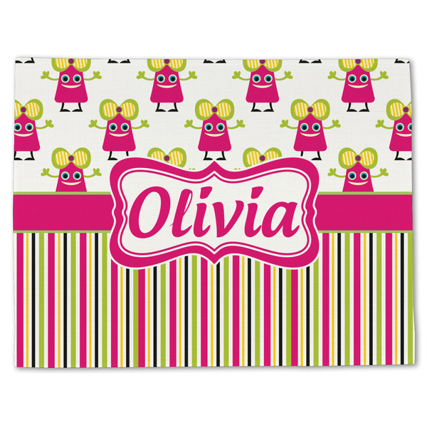 Custom Pink Monsters & Stripes Single-Sided Linen Placemat - Single w/ Name or Text