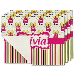 Pink Monsters & Stripes Single-Sided Linen Placemat - Set of 4 w/ Name or Text