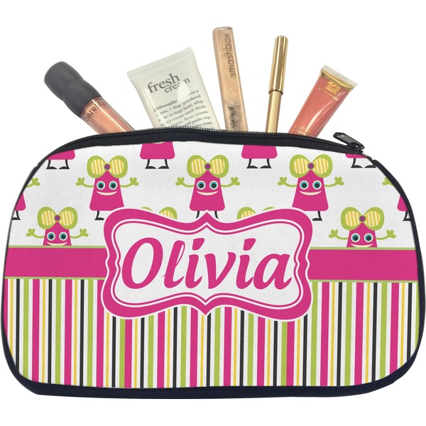 Custom Pink Monsters & Stripes Makeup / Cosmetic Bag - Medium (Personalized)