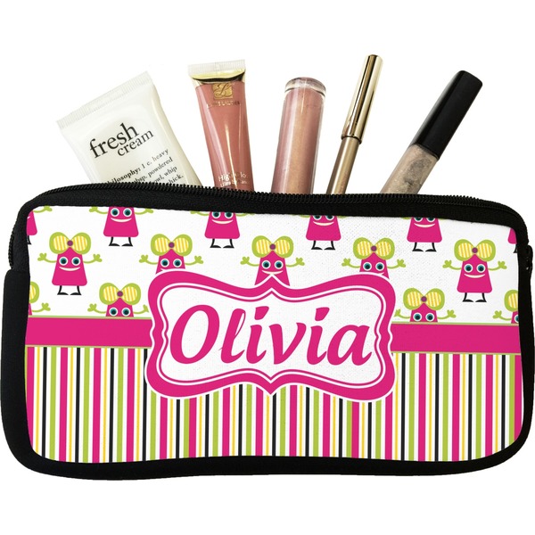 Custom Pink Monsters & Stripes Makeup / Cosmetic Bag - Small (Personalized)
