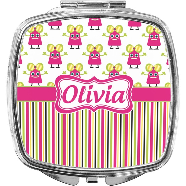 Custom Pink Monsters & Stripes Compact Makeup Mirror (Personalized)