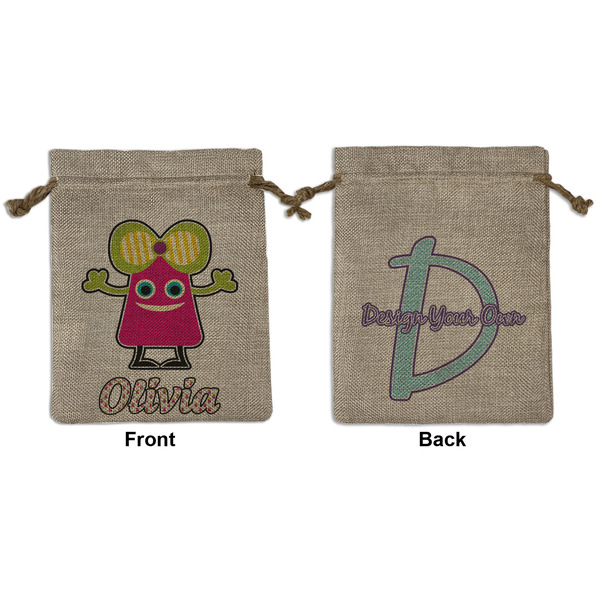 Custom Pink Monsters & Stripes Medium Burlap Gift Bag - Front & Back (Personalized)