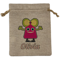 Pink Monsters & Stripes Medium Burlap Gift Bag - Front (Personalized)