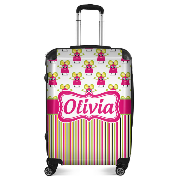 Custom Pink Monsters & Stripes Suitcase - 24" Medium - Checked (Personalized)