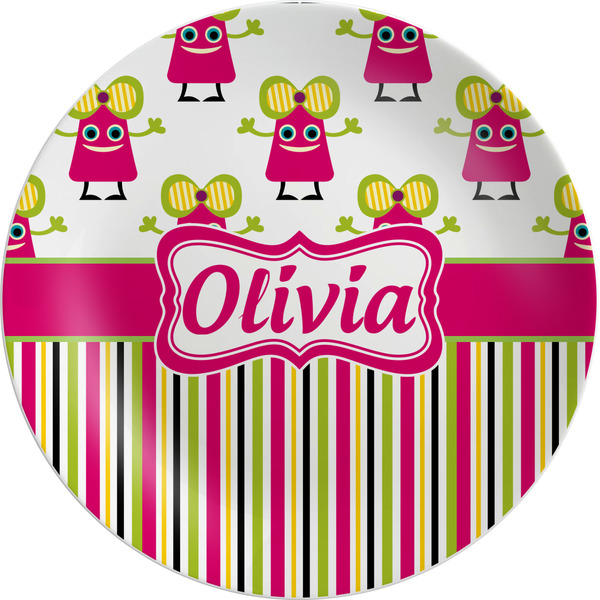 Custom Pink Monsters & Stripes Melamine Plate (Personalized)