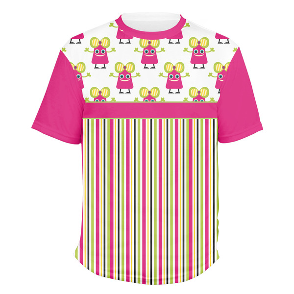 Custom Pink Monsters & Stripes Men's Crew T-Shirt - 2X Large