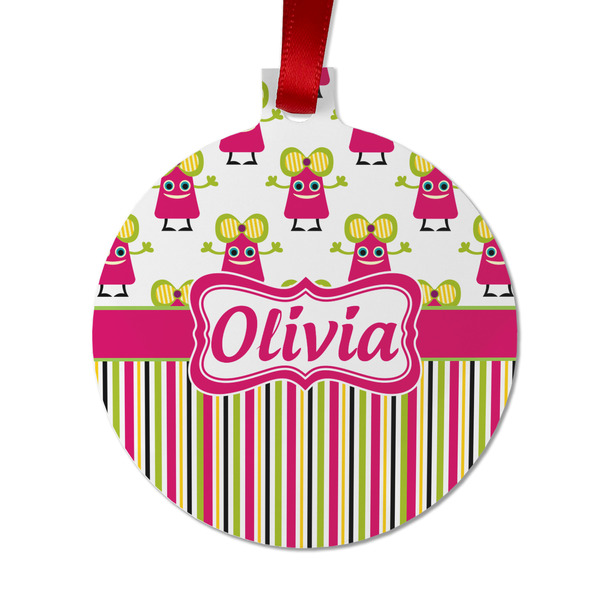 Custom Pink Monsters & Stripes Metal Ball Ornament - Double Sided w/ Name or Text