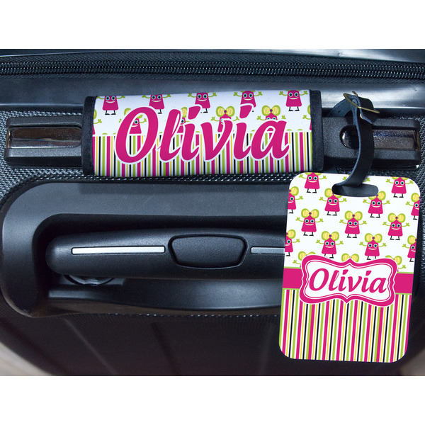 Pink Monsters & Stripes Metal Luggage Tag & Handle Wrap - In Context