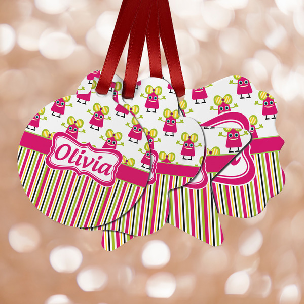 Custom Pink Monsters & Stripes Metal Ornaments - Double Sided w/ Name or Text