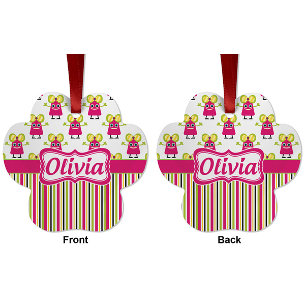 Pink Monsters & Stripes Metal Paw Ornament - Front and Back