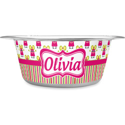 Pink Monsters & Stripes Stainless Steel Dog Bowl - Large (Personalized)
