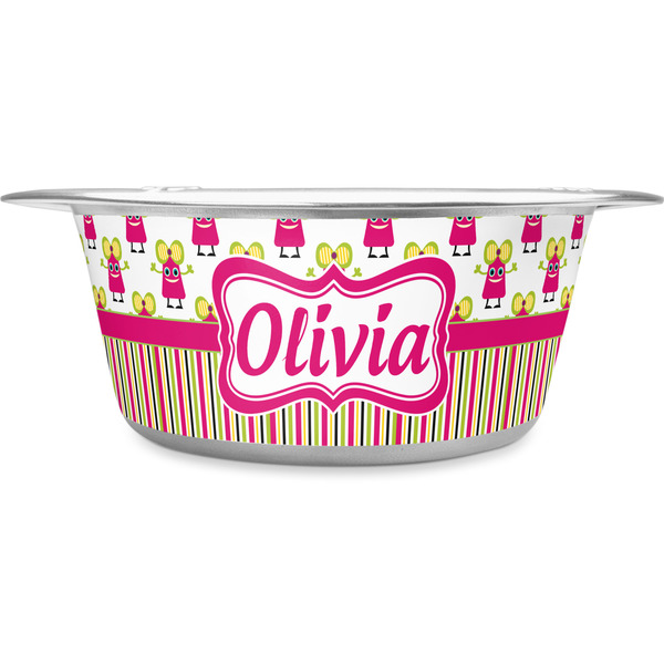 Custom Pink Monsters & Stripes Stainless Steel Dog Bowl - Medium (Personalized)