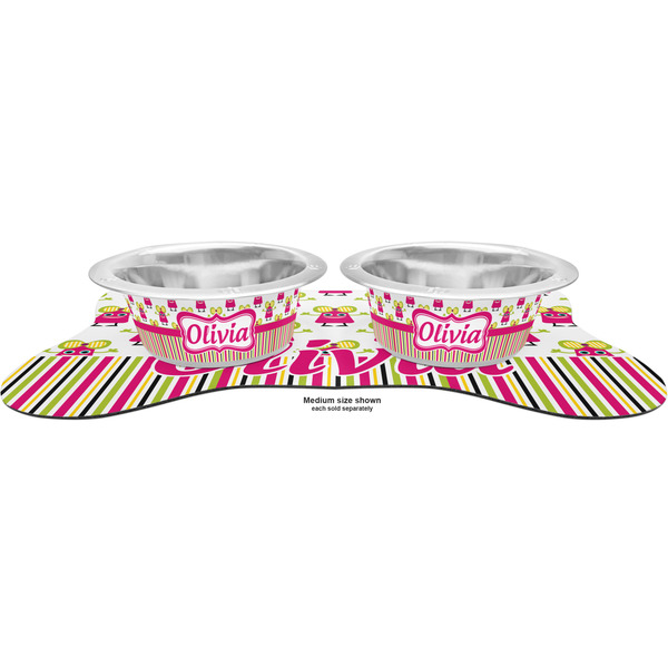 Pink Monsters & Stripes Metal Pet Bowls - On Dog Bone Shaped Mat