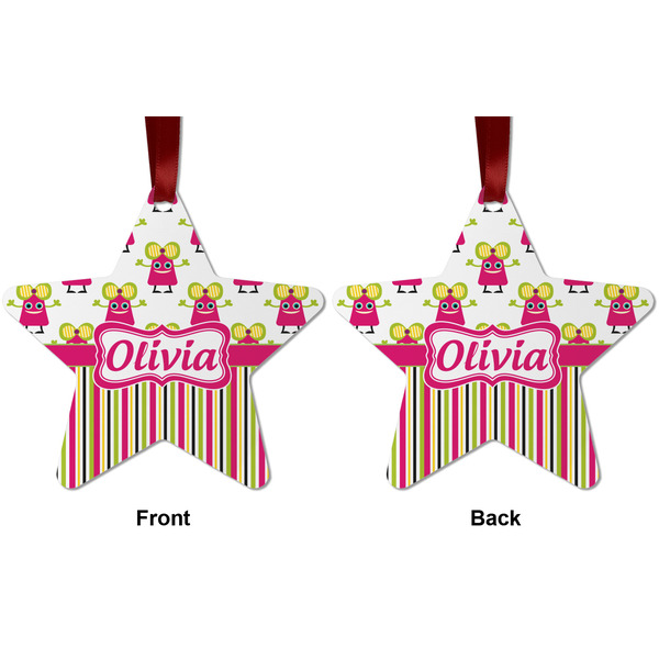 Pink Monsters & Stripes Metal Star Ornament - Front and Back