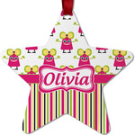 Pink Monsters & Stripes Metal Star Ornament - Double Sided w/ Name or Text