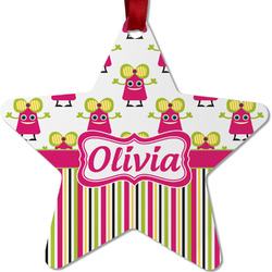 Pink Monsters & Stripes Metal Star Ornament - Double Sided w/ Name or Text
