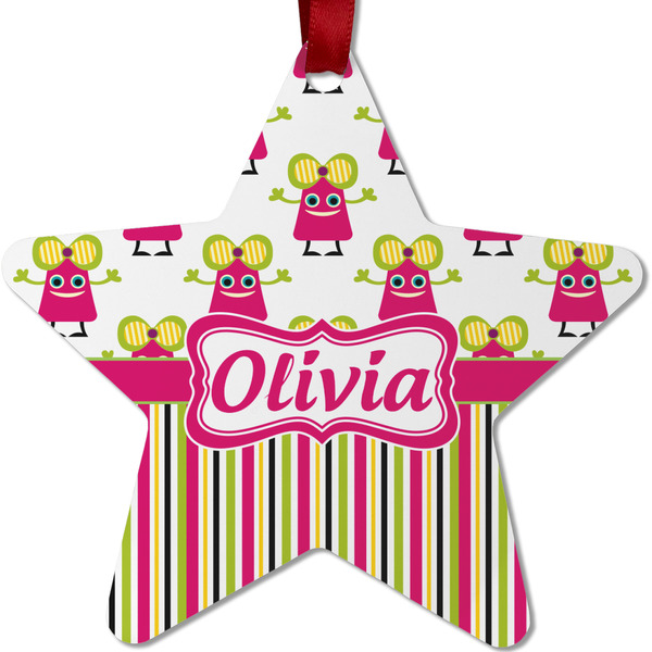 Custom Pink Monsters & Stripes Metal Star Ornament - Double Sided w/ Name or Text