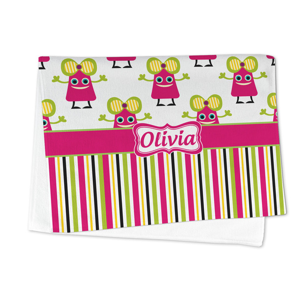 Pink Monsters & Stripes Microfiber Dish Towel - FOLDED HALF