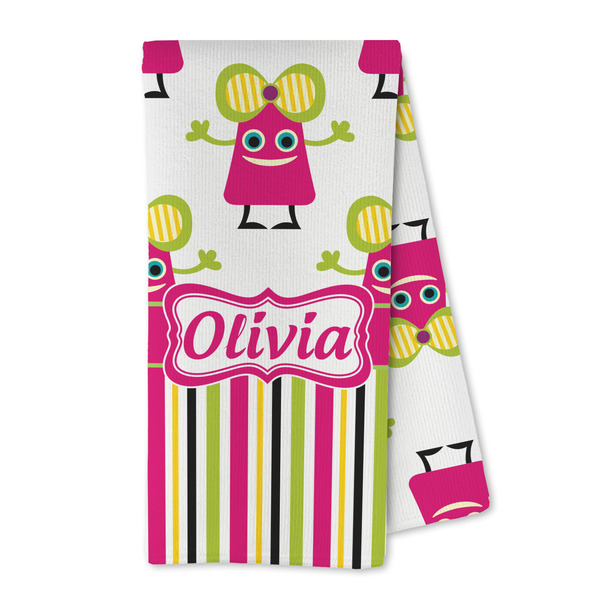 Custom Pink Monsters & Stripes Kitchen Towel - Microfiber (Personalized)