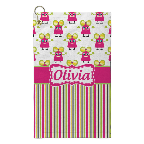 Custom Pink Monsters & Stripes Microfiber Golf Towel - Small (Personalized)