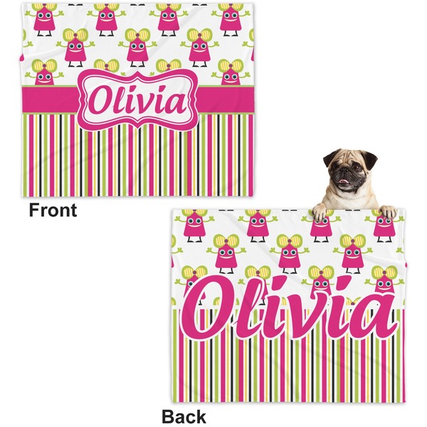 Pink Monsters & Stripes Microfleece Dog Blanket - Large- Front & Back