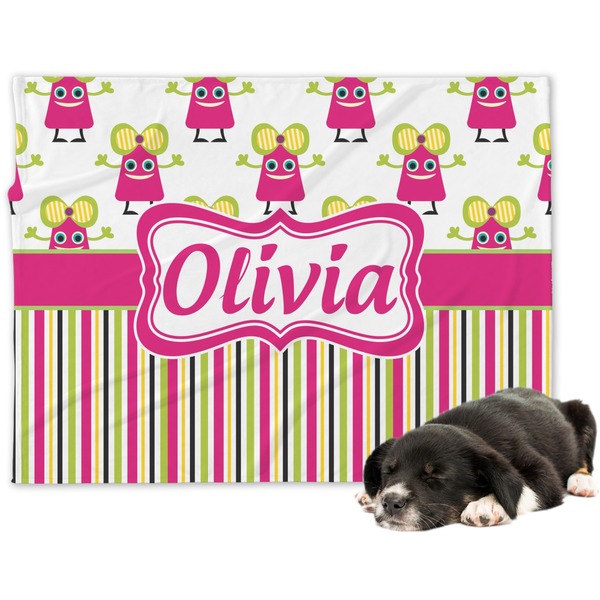 Custom Pink Monsters & Stripes Dog Blanket - Regular (Personalized)