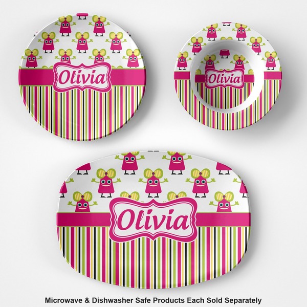 Pink Monsters & Stripes Microwave & Dishwasher Safe CP Plastic Dishware - Group