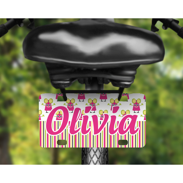 Pink Monsters & Stripes Mini License Plate on Bicycle