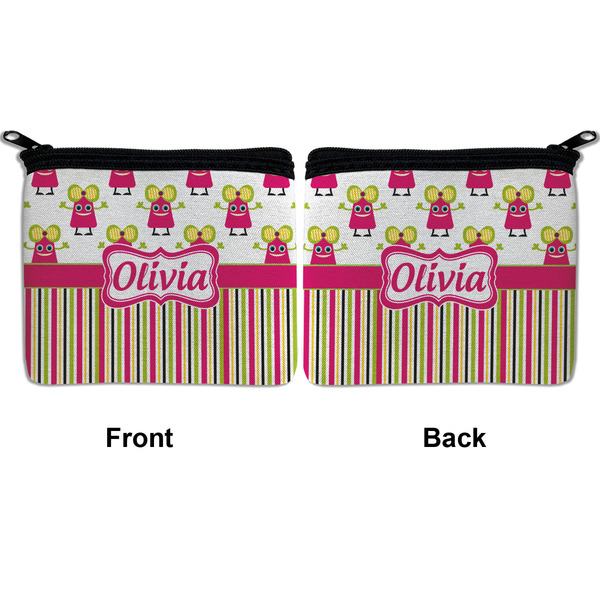 Pink Monsters & Stripes Neoprene Coin Purse - Front & Back (APPROVAL)