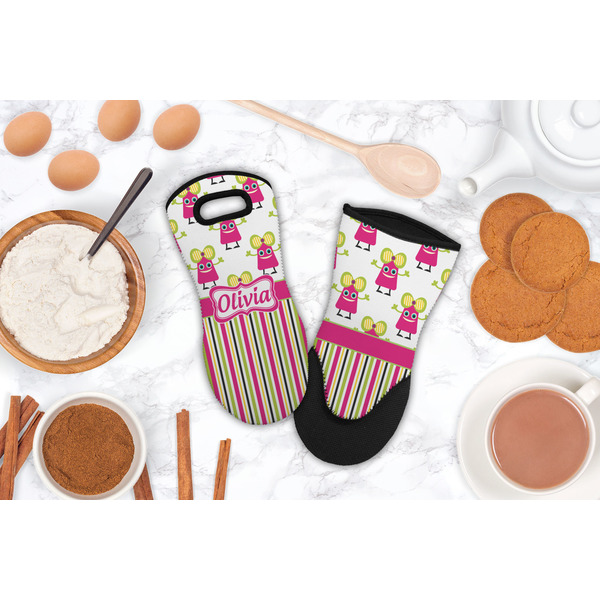 Pink Monsters & Stripes Neoprene Oven Mitt - Lifestyle Image