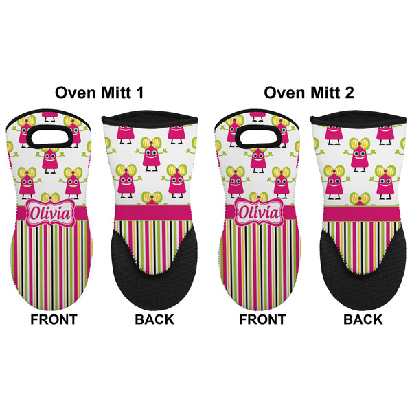 Pink Monsters & Stripes Neoprene Oven Mitt - Set of 2 - Approval