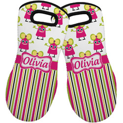 Pink Monsters & Stripes Neoprene Oven Mitts - Set of 2 w/ Name or Text