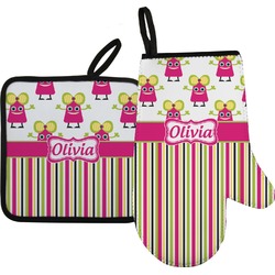 Pink Monsters & Stripes Oven Mitt & Pot Holder Set w/ Name or Text