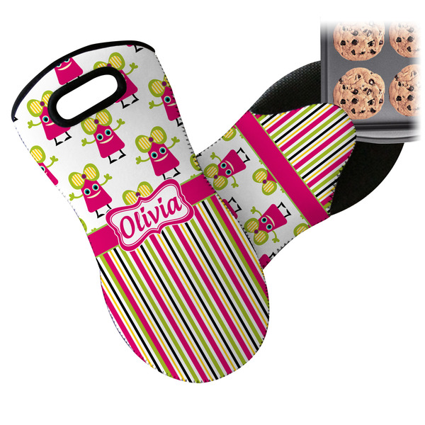 Pink Monsters & Stripes Neoprene Oven Mitt