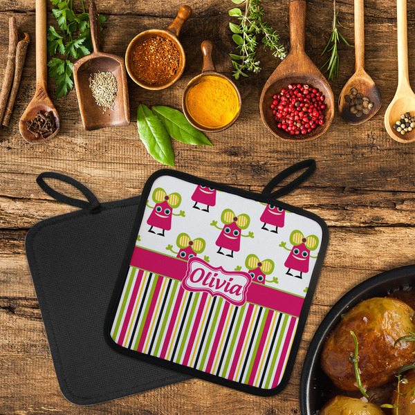 Pink Monsters & Stripes Neoprene Pot Holder - Set of 2  LIFESTYLE (Flatlay)