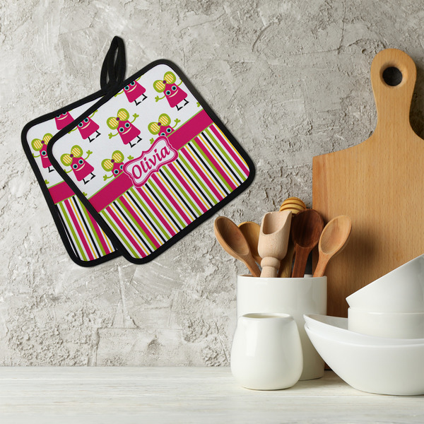 Pink Monsters & Stripes Neoprene Pot Holder - Set of 2  LIFESTYLE