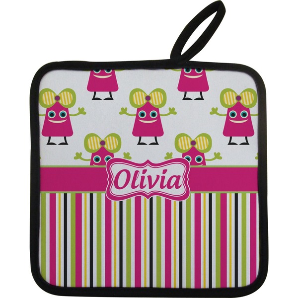 Custom Pink Monsters & Stripes Pot Holder w/ Name or Text